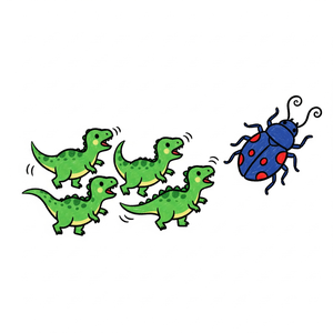 Tiny Compsognathus Chasing a Big Beetle